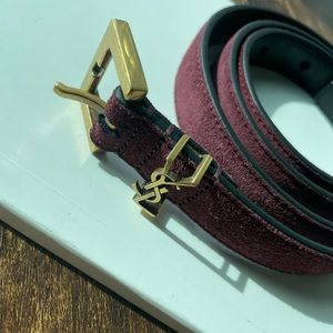 Saint Laurent YSL Monogram Logo Suede belt 
Burgundy 
Size 85
